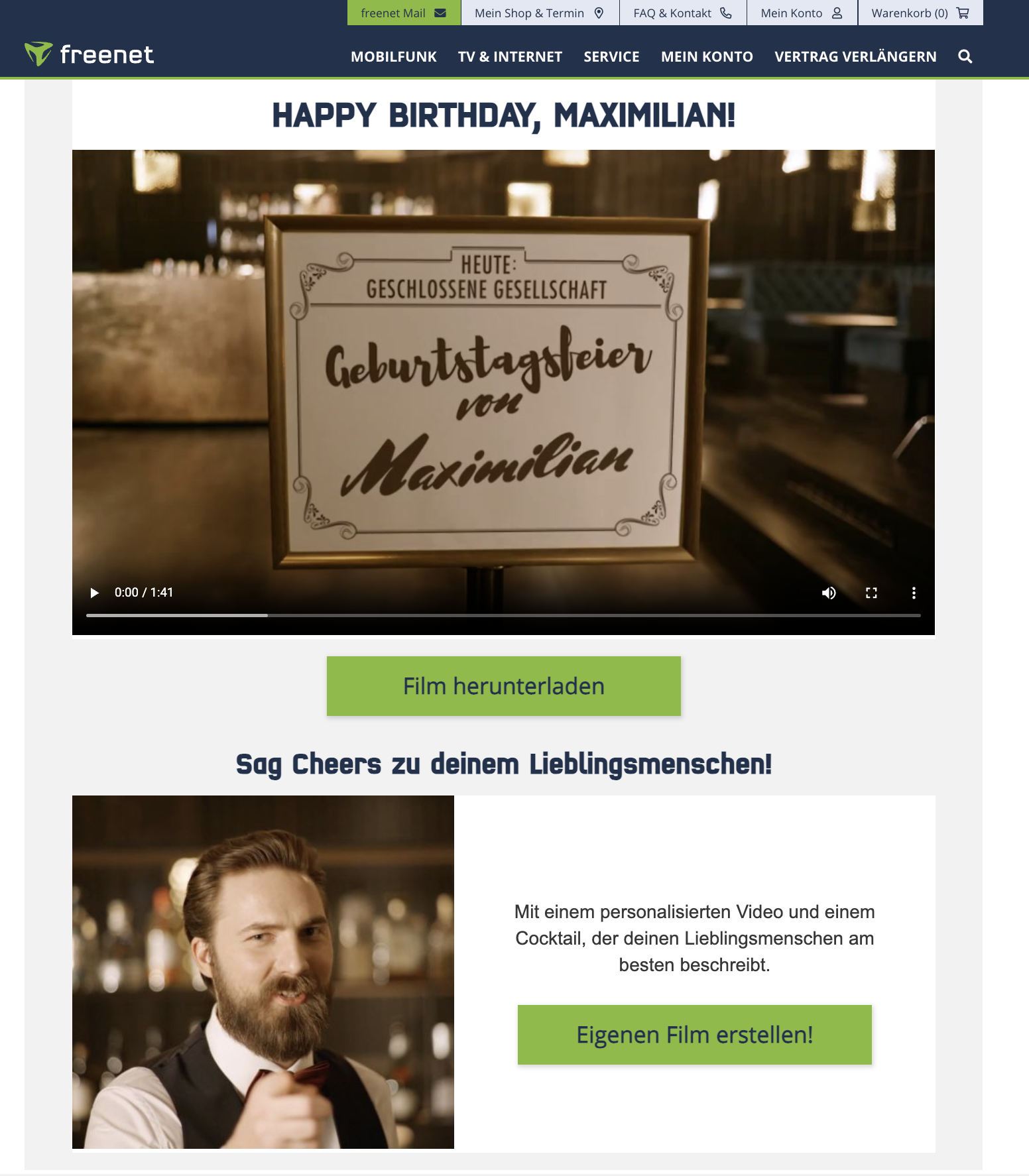 Freenet Landingpage mit personalisiertem Geburtstagsvideo und Download-Button